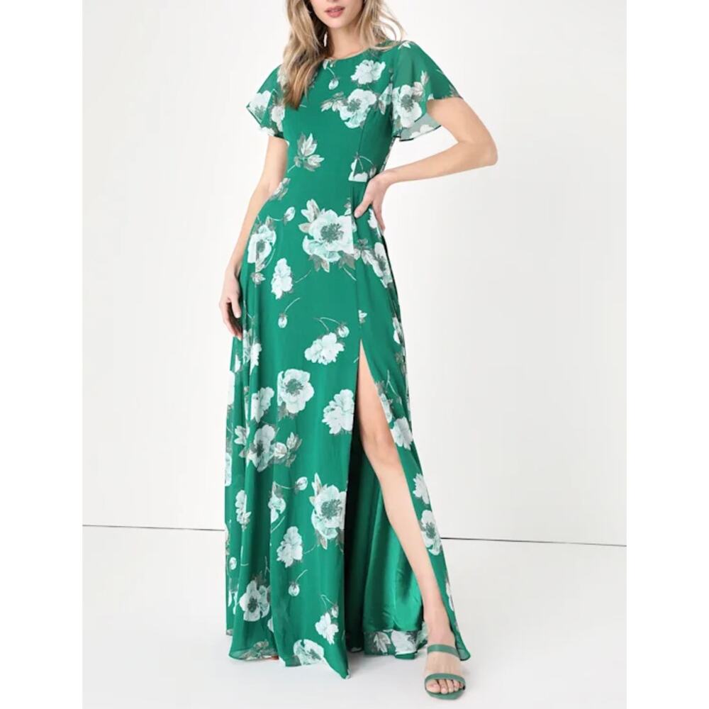 NWOT Lulus Classic Love Green Floral Tie Back Open Back Maxi Dress Size Small - Picture 3 of 13